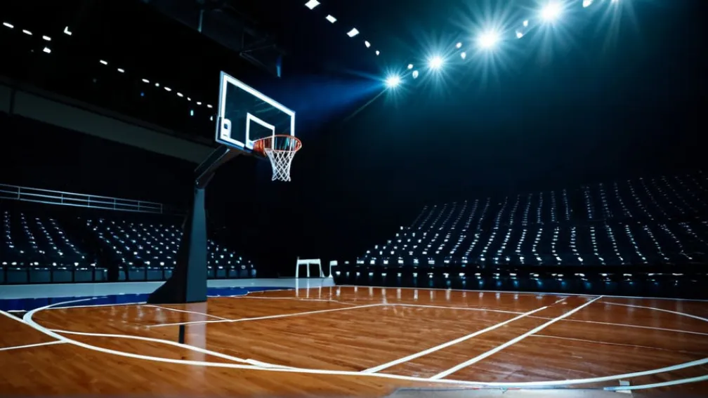 Пустая баскетбольная площадка во время игры, фокус на сетке и мяче в движении, динамическое освещение, без видимых игроков или лиц, яркие цвета, кинематографическое освещение, 8k, гиперреализм.