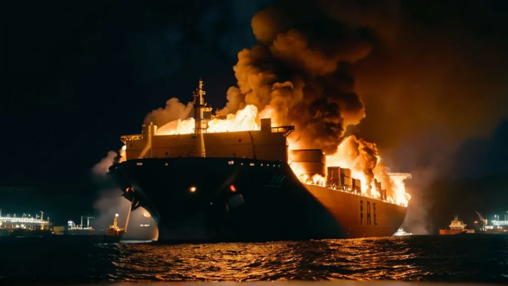 Десятки пожарных сражаются с крупным пожаром на контейнеровозе в порту Лос-Анджелеса