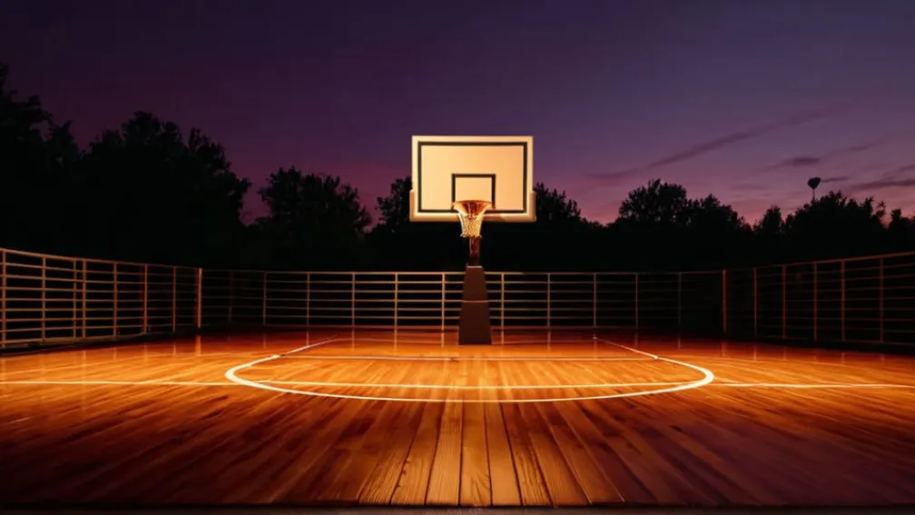 Фотореалистичное изображение баскетбольной площадки в сумерках