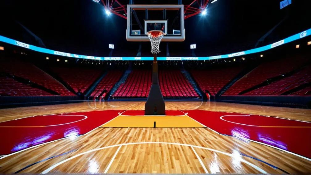 Пустая баскетбольная площадка, яркие огни стадиона, текстура паркета, сетка, кольцо, широкоугольный снимок, кинематографическое освещение, 8k, гиперреалистично