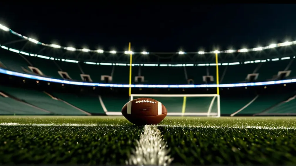 Фотореалистичное изображение футбольного поля под стадионными огнями ночью, с одним футбольным мячом на траве. Кинематографическое освещение, 8k, гиперреалистичное.