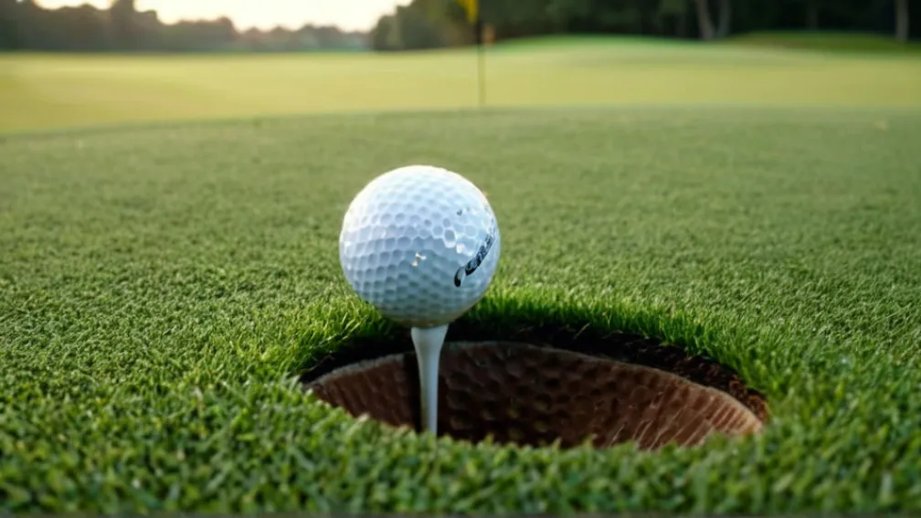 Закрытый вид идеально ухоженного поля для гольфа с мячом у лунки, раннее утро, роса на траве, кинематографическое освещение, 8k, гиперреалистичность.
