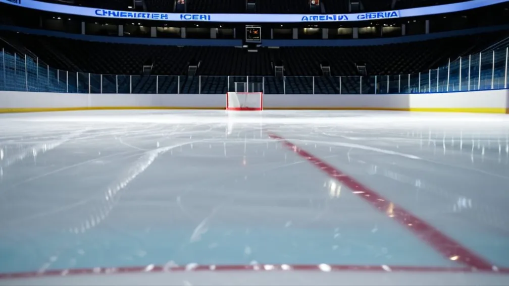 Фотореалистичное изображение пустого катка для хоккея с мячом, крупный план безупречной ледяной поверхности с едва уловимыми отражениями освещения арены.