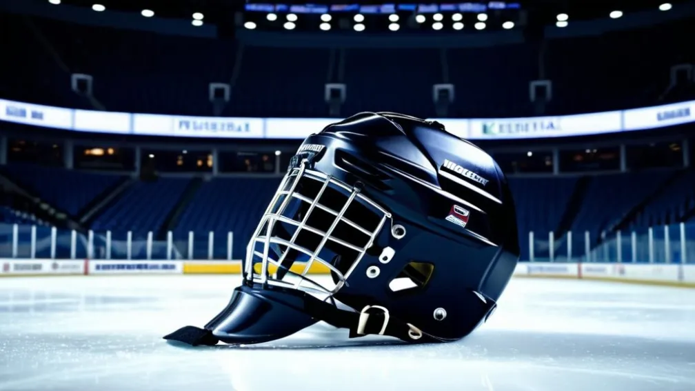 Закрытый кадр шлема хоккеиста на льду пустой арены с драматическим стадионным освещением, 8k, гиперреалистичный, кинематографическое освещение.