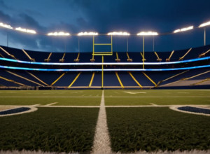 Фотореалистичное изображение пустого стадиона для американского футбола на закате