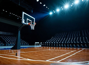 Пустая баскетбольная площадка во время игры, фокус на сетке и мяче в движении, динамическое освещение, без видимых игроков или лиц, яркие цвета, кинематографическое освещение, 8k, гиперреализм.