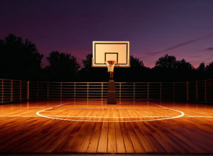 Фотореалистичное изображение баскетбольной площадки в сумерках