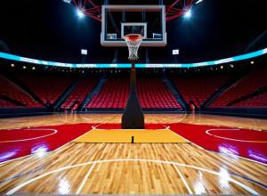 Пустая баскетбольная площадка, яркие огни стадиона, текстура паркета, сетка, кольцо, широкоугольный снимок, кинематографическое освещение, 8k, гиперреалистично