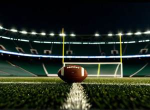 Фотореалистичное изображение футбольного поля под стадионными огнями ночью, с одним футбольным мячом на траве. Кинематографическое освещение, 8k, гиперреалистичное.