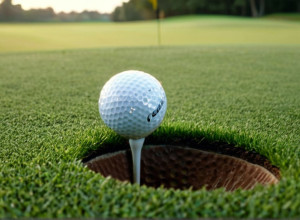 Закрытый вид идеально ухоженного поля для гольфа с мячом у лунки, раннее утро, роса на траве, кинематографическое освещение, 8k, гиперреалистичность.