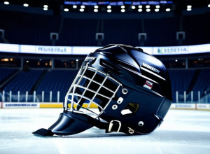 Закрытый кадр шлема хоккеиста на льду пустой арены с драматическим стадионным освещением, 8k, гиперреалистичный, кинематографическое освещение.